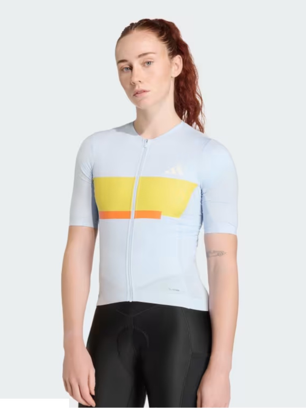 adidas Tempo Women's Cycling Jersey in Light Blue with Yellow & Orange Accents